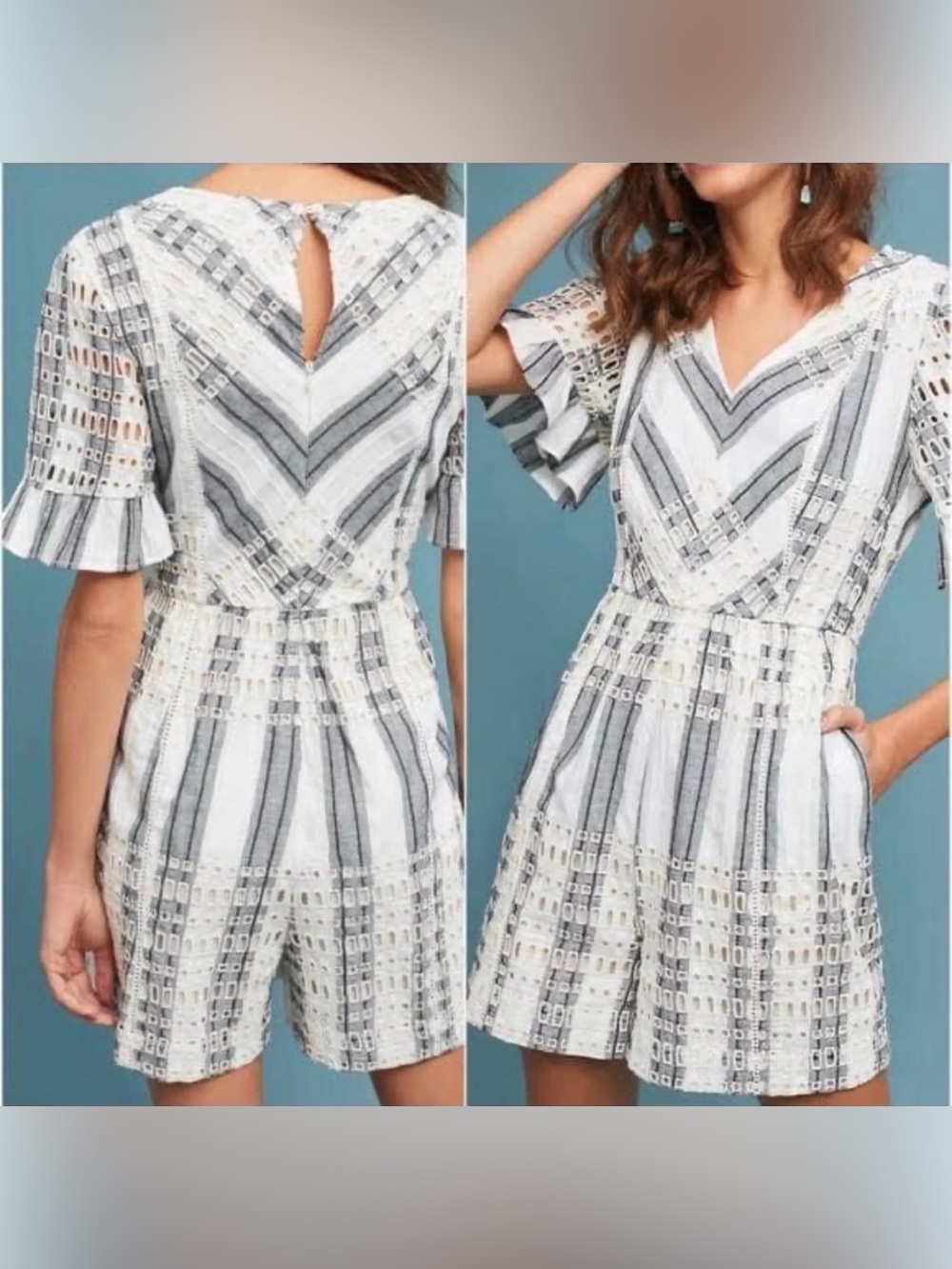 Anthropologie Ett:Twa Womens Eyelet Romper Size 14 Ruffle Sleeves Striped Gray